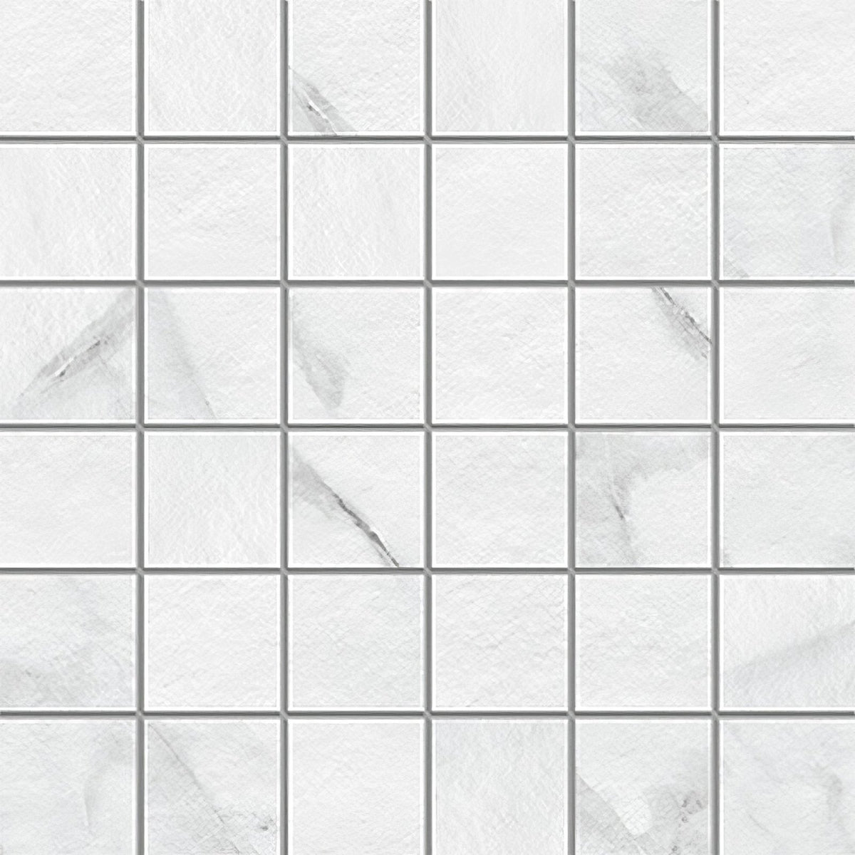 Montclair matt porcelain mosaic tile in white marble with subtle gray veining and smooth glossy finish