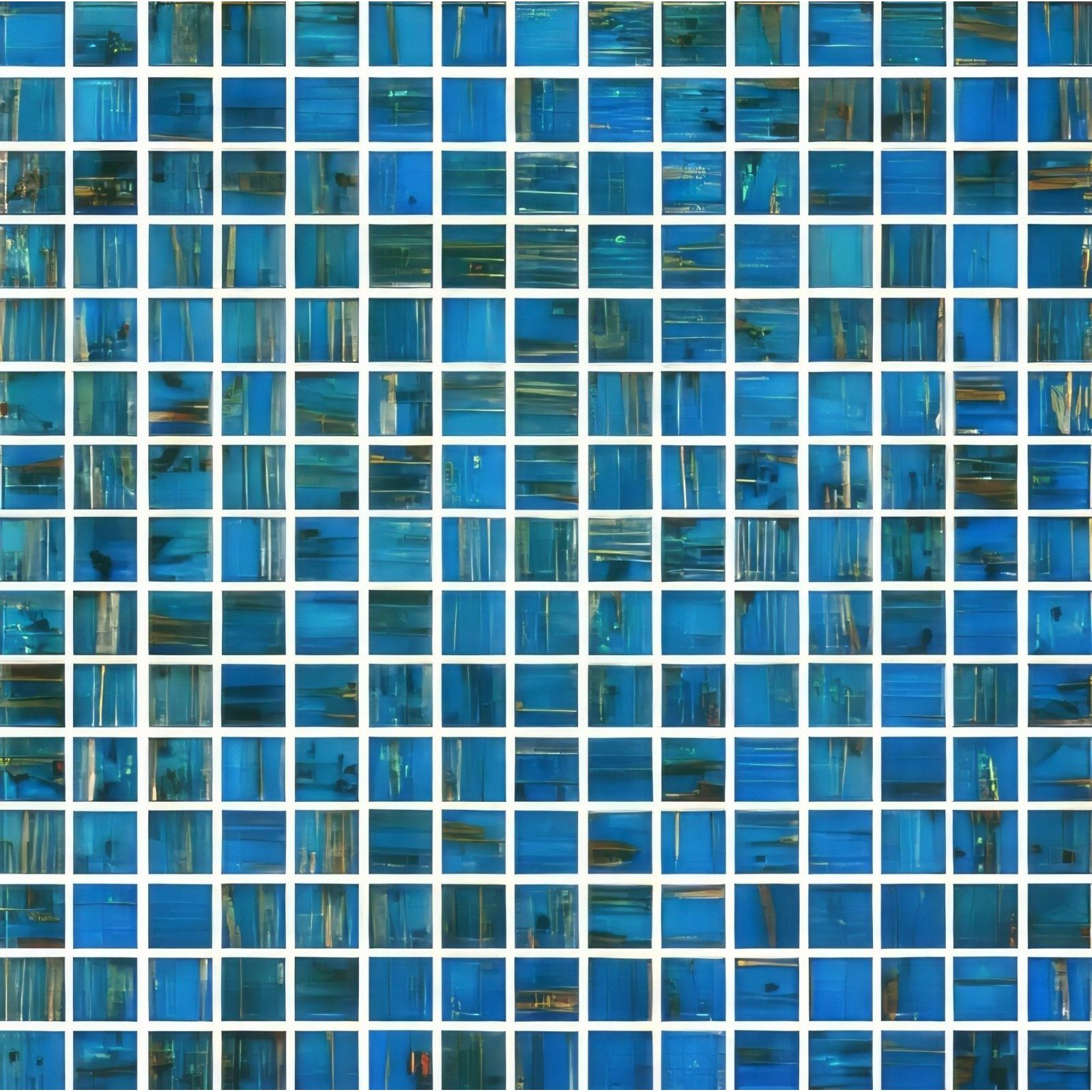 Monte cristo gold fleck glass mosaic 20mm featuring blue textured translucent tiles with subtle golden streaks