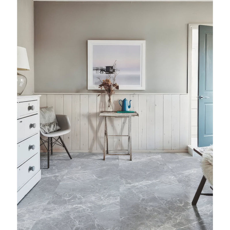 Gray marble effect floor tiles with subtle white veining monza minerale pure matt click tile for interior flooring