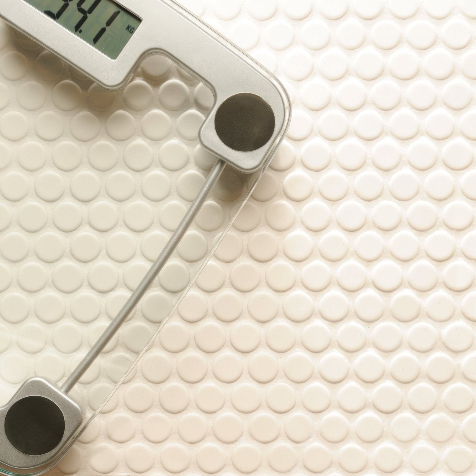 Moonbeam Penny Round Floor Mosaic white penny round mosaic with a glass bathroom scale