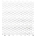 White circular penny round floor mosaic tile with smooth glossy finish in moonbeam style