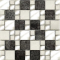 Black and white moonlight glass metal mix modular mosaic panel with smooth glass and textured stone tiles in metallic grout