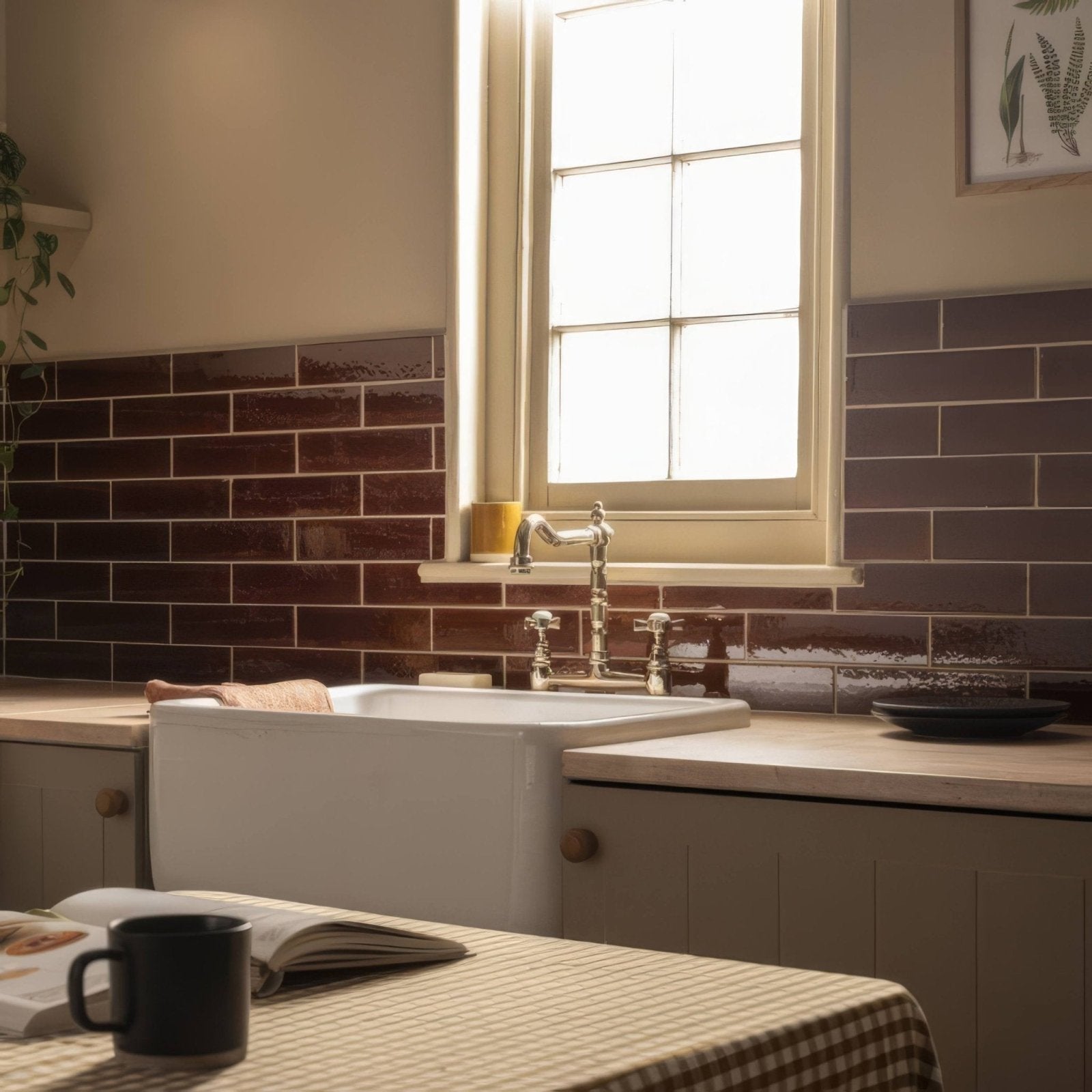 White farmhouse sink with polished chrome faucet and vintage style handles featured with moor brick tile backdrop
