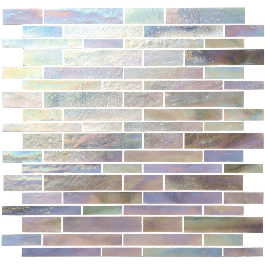 Morning Dew glass brickbond mosaic featuring iridescent glass tiles with shimmering blue purple and gray finish