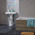 Morning Dew Glass Brickbond Mosaic iridescent glass brickbond mosaic with a white pedestal sink
