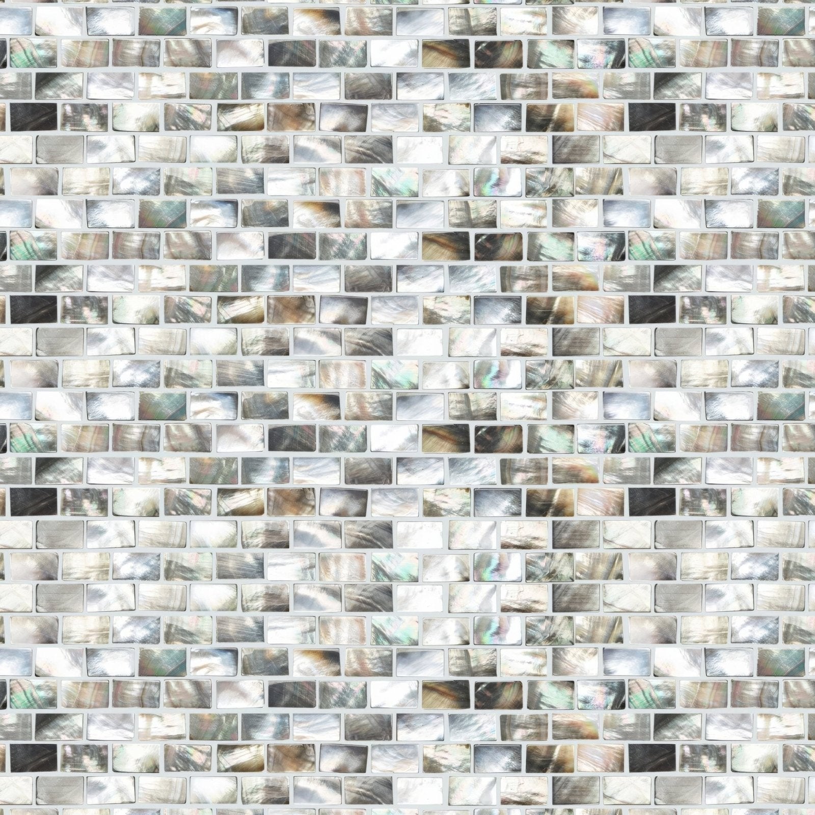 Mother of pearl black rectangle brick mosaic featuring iridescent abalone tile with shimmering silver gray and green hues