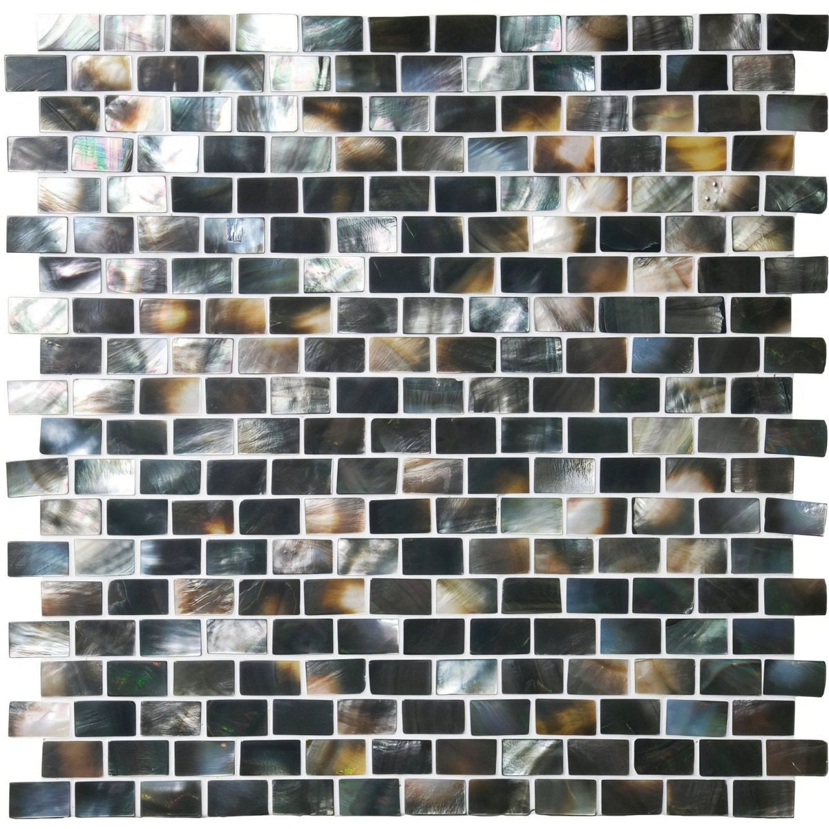 Mother of pearl dark brickbond shell mosaic featuring glossy rectangular iridescent black gray and brown tiles