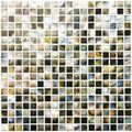 Mother of pearl shell mosaic tile panel featuring iridescent square pieces in white gold black and blue shades