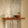 Mother of Pearl Shell Mosaic iridescent shell mosaic with a wooden bowl basin on a rustic shelf