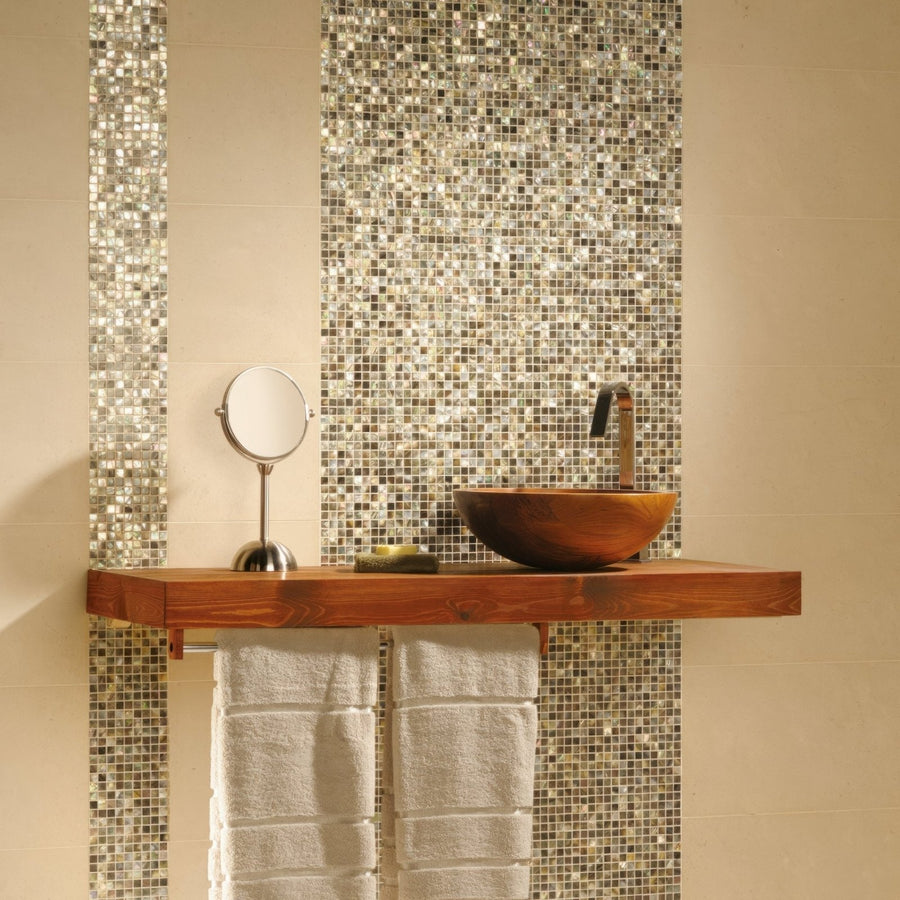 Mother of Pearl Shell Mosaic iridescent shell mosaic with a wooden bowl basin on a rustic shelf