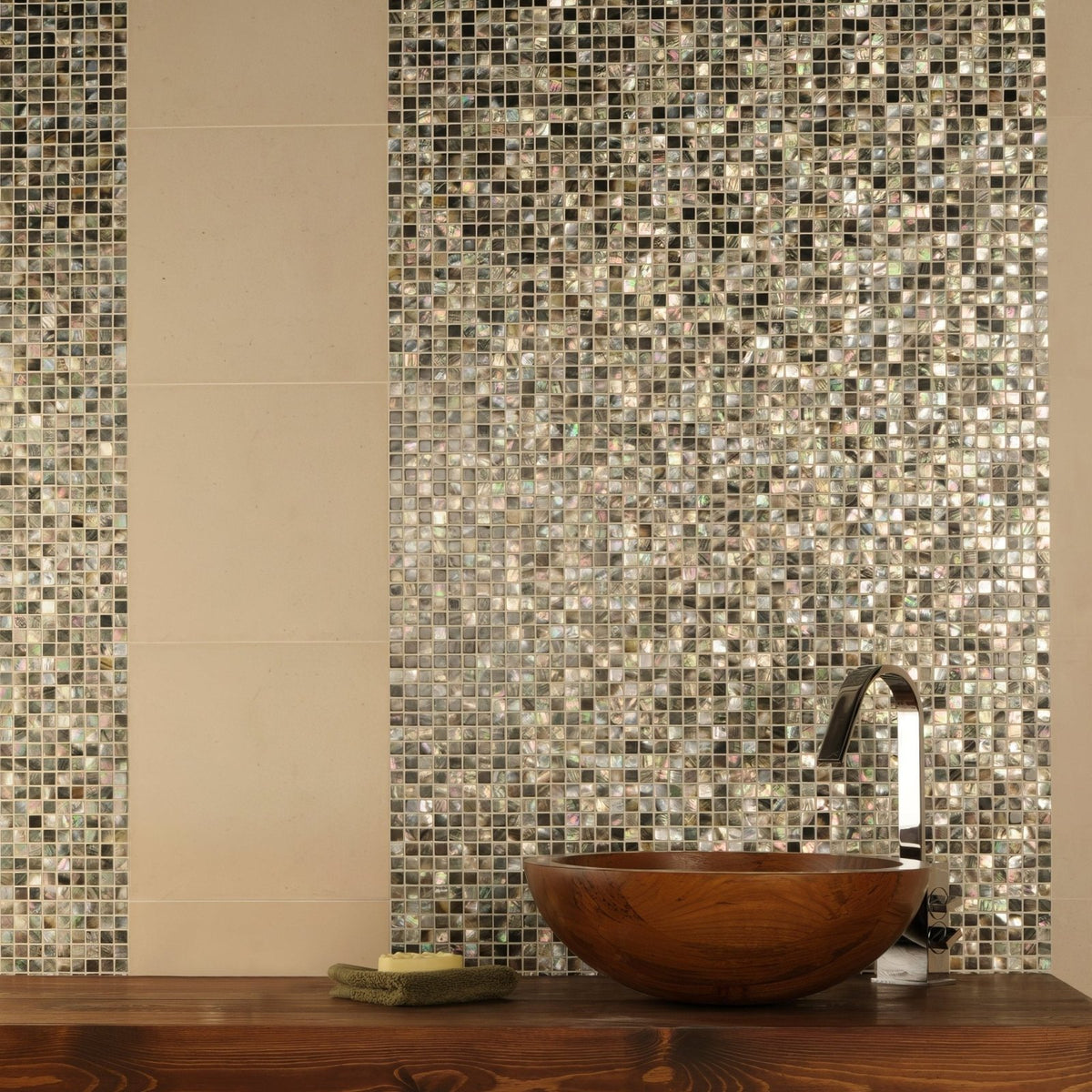 Mother of Pearl Shell Mosaic iridescent shell mosaic with a polished wooden bowl basin