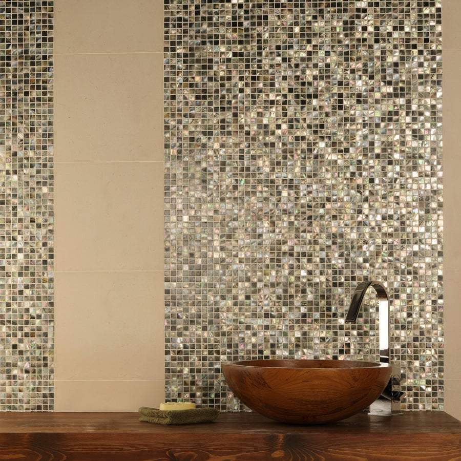 Mother of Pearl Shell Mosaic iridescent shell mosaic with a polished wooden bowl basin