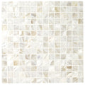 Mother of pearl white square mosaic tile with subtle iridescent sheen and natural organic patterns