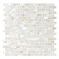 Mother of pearl white rectangle brick mosaic tile with iridescent sheen and irregular rectangular pieces in staggered pattern