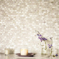 Iridescent white mother of pearl rectangle brick mosaic tile wall showcasing glossy natural shell finish