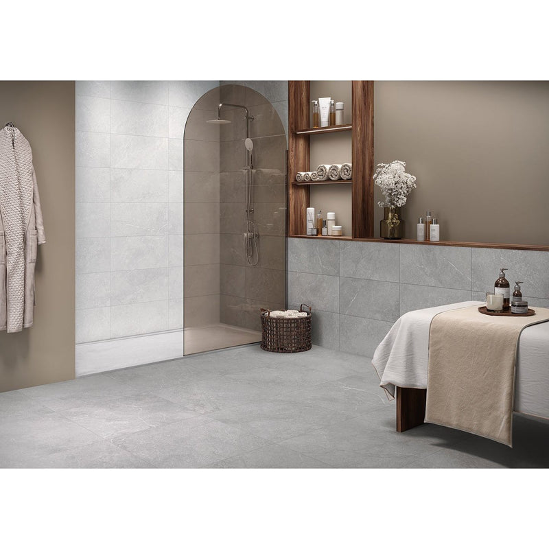 Gray stone-effect bathroom tile munich white 60 x 60cm with subtle veining and matte finish
