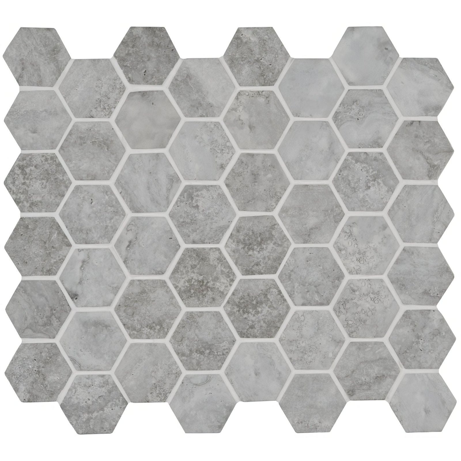 Murano grey glass hexagon mosaic tile with gray marble-like texture and white grout lines for wall and floor use