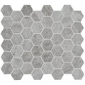 Murano grey glass hexagon mosaic tile with gray marble-like texture and white grout lines for wall and floor use