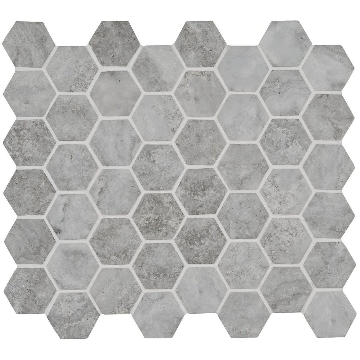 Murano grey glass hexagon mosaic tile with gray marble-like texture and white grout lines for wall and floor use