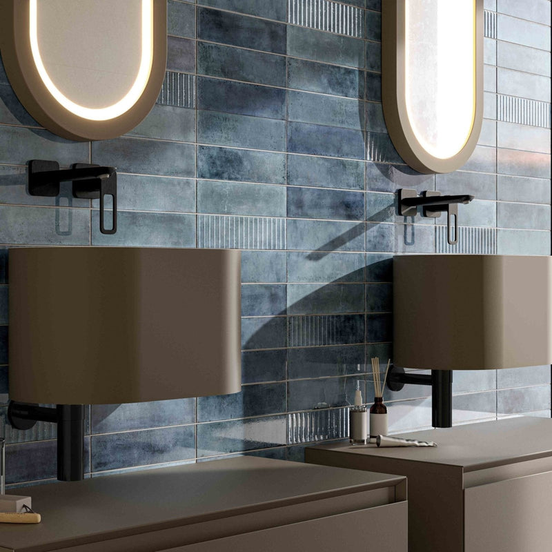 Modern dual-sink bathroom vanity mussa way blue brillo with matte taupe countertop and cylindrical sink basins