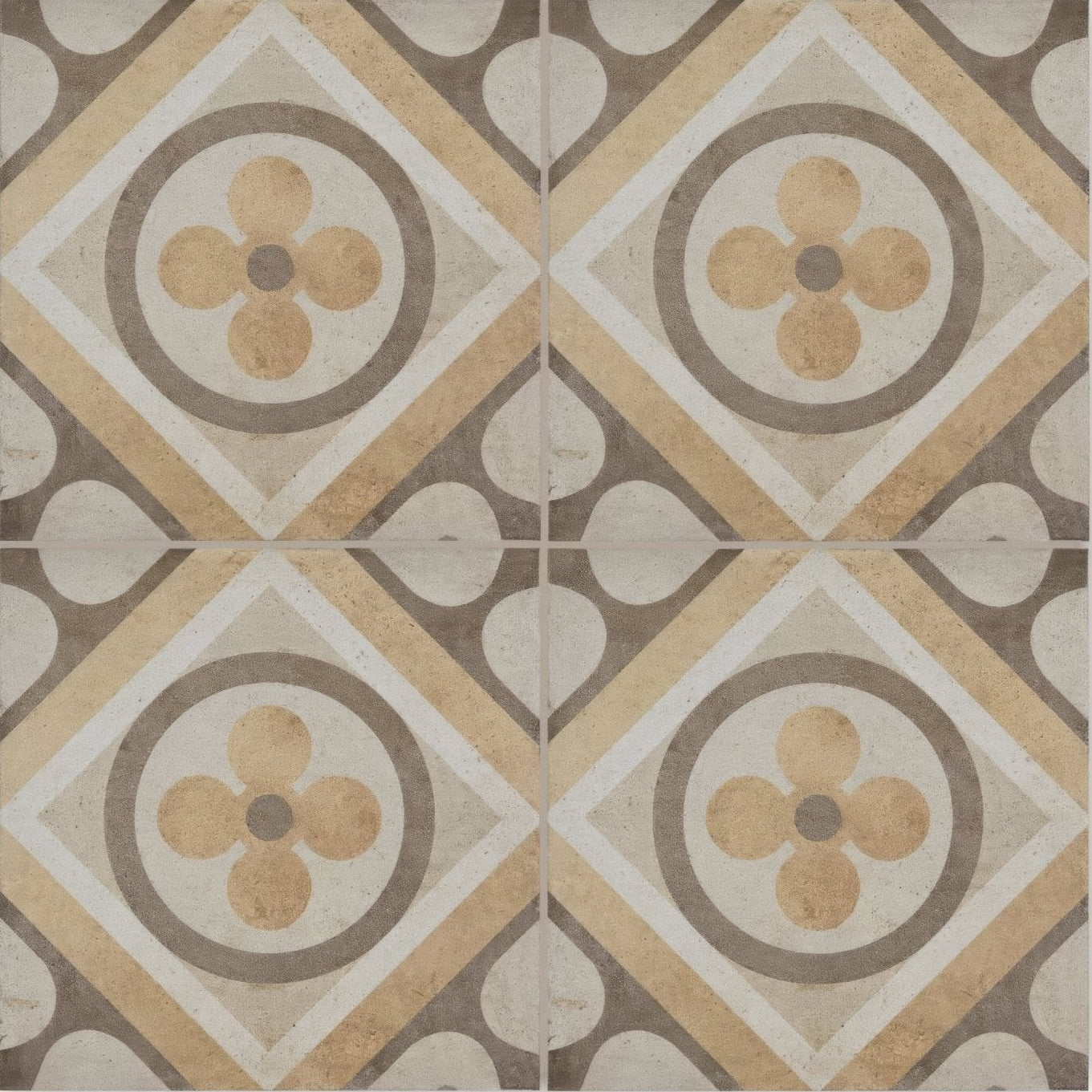 Beige and gray geometric patterned tile with vintage floral design from naples elenora collection