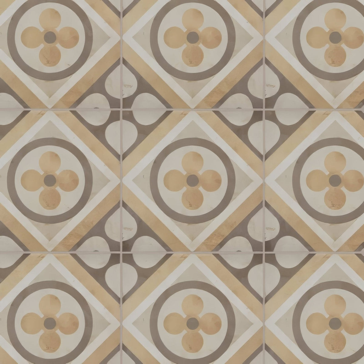 Beige and gray patterned ceramic floor tiles with vintage floral design from naples elenora collection