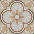 Beige and white ornate patterned tile with central quatrefoil design from Naples Francesca collection