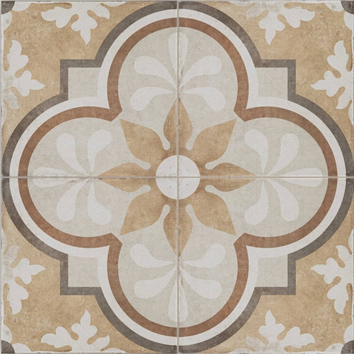 Beige and white ornate patterned tile with central quatrefoil design from Naples Francesca collection