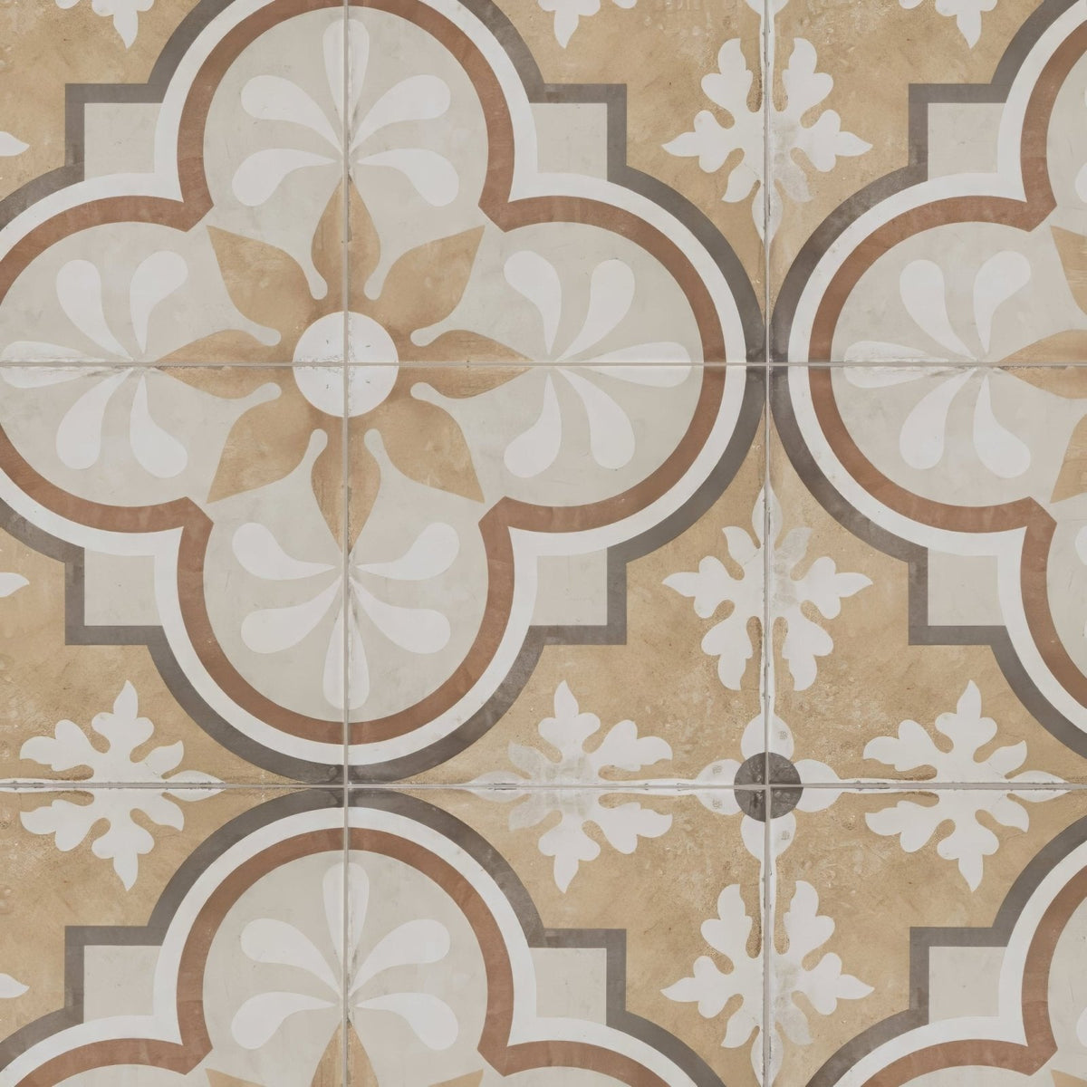 Beige and white ornate patterned naples francesca floor tile with brown and gray accents for decorative flooring
