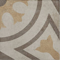A square ceramic tile named Naples Viola with vintage beige gray and muted gold floral motifs on textured off-white background