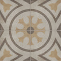 Beige and gray patterned ceramic tile with a central floral motif from naples viola collection