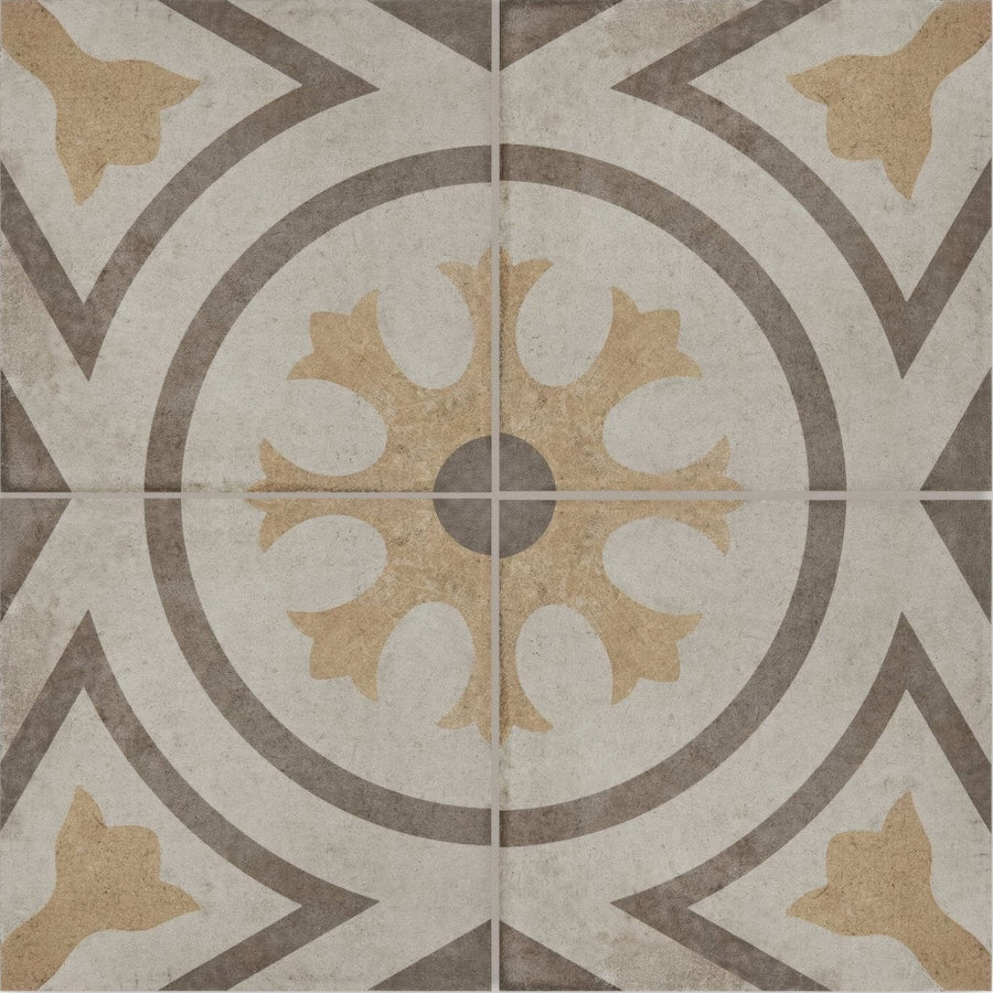 Beige and gray patterned ceramic tile with a central floral motif from naples viola collection