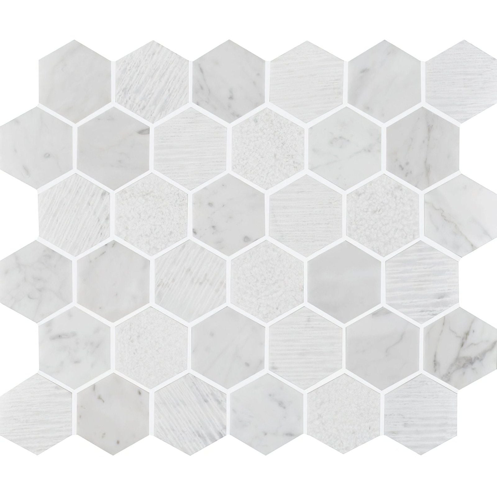 Nares hexagon marble mosaic tile white hexagonal polished marble with subtle gray veining and reflective surface