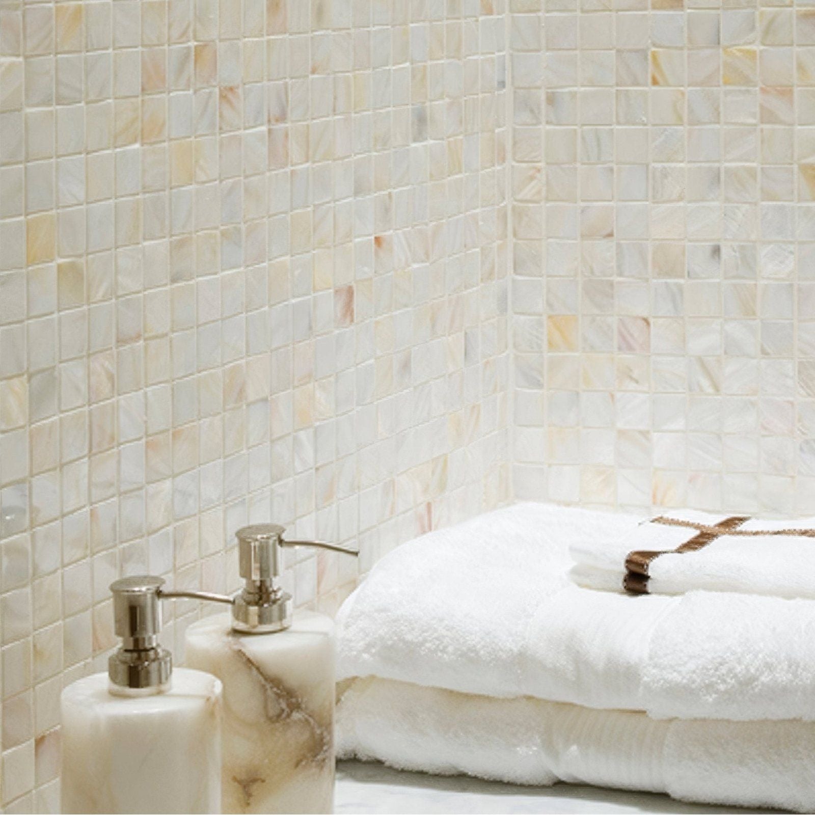 Beige and white mother of pearl mosaic tile wall with natural 25mm square tiles for decorative surfaces