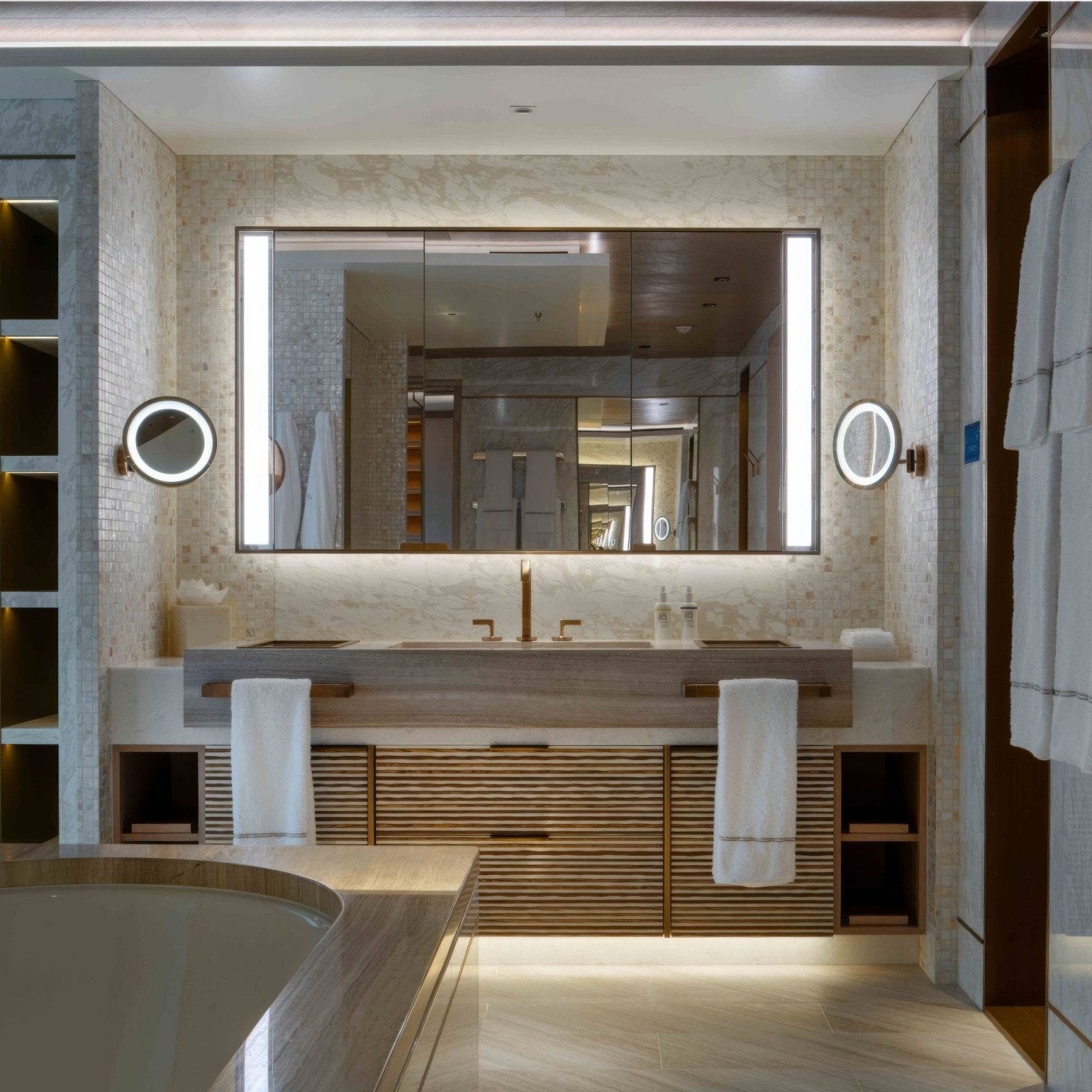 Modern double-sink vanity natural 25mm square with sleek wood-grain finish and integrated led lighting