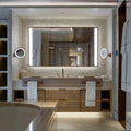 Natural 25mm Square beige and cream iridescent mother-of-pearl mosaic with a double-sink wood vanity