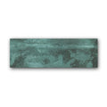 A rectangular ceramic tile with a textured mottled green patina finish called nebula green 10 x 30cm