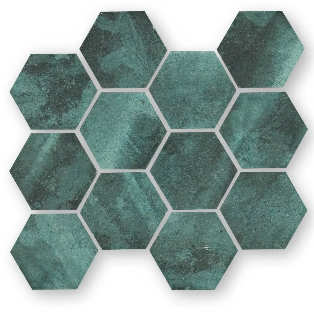 Nebula green hexagon teal-green mosaic tile with textured stone-like finish in hexagonal shape for wall or floor use