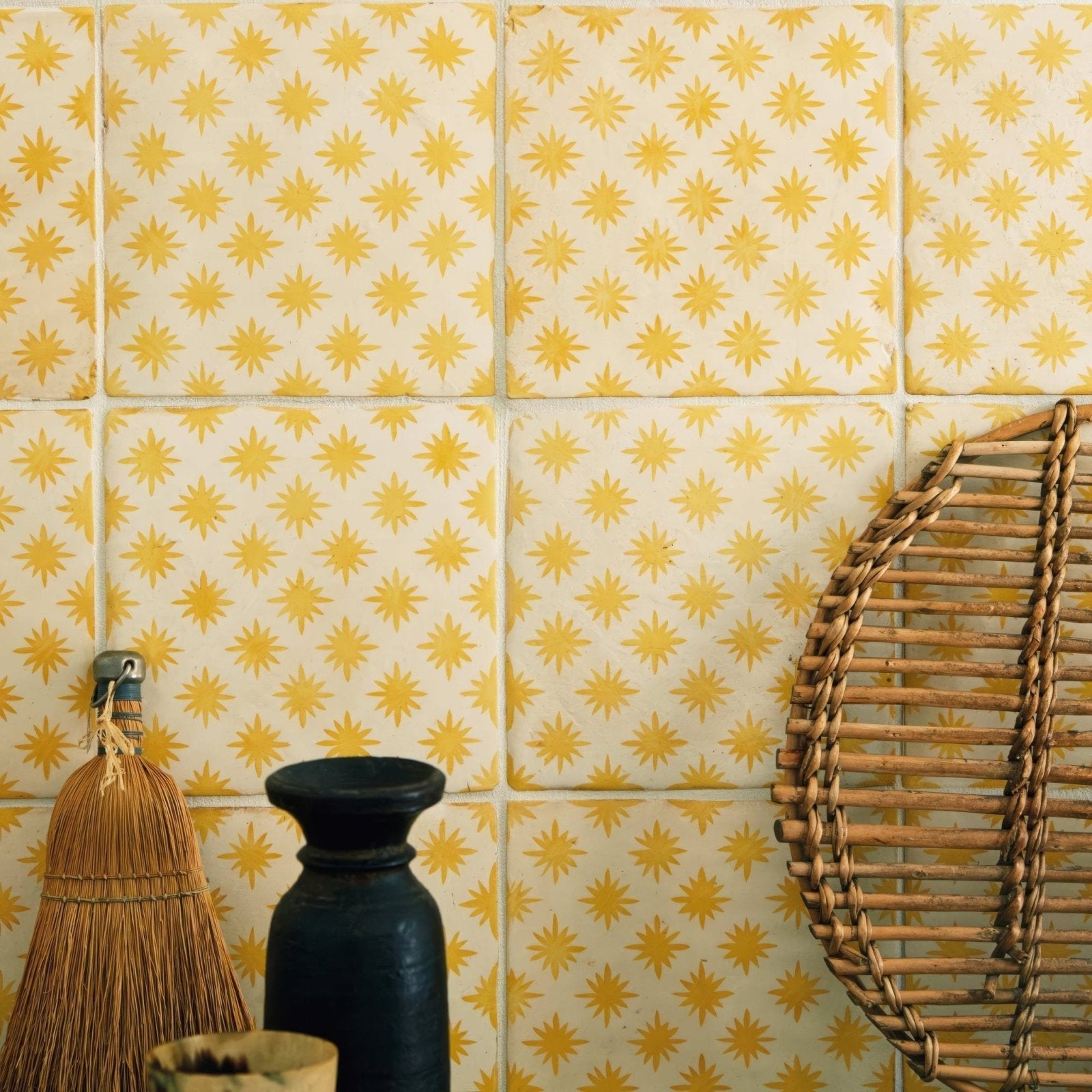 Yellow star-patterned ceramic tiles from Neisha Crosland atlas star anise buttercup collection