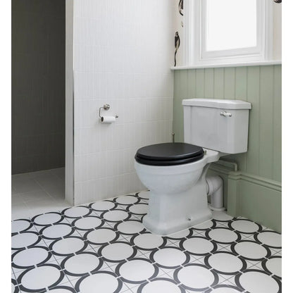 White ceramic toilet with black seat and lid from neisha crosland tulia hula hoop black collection