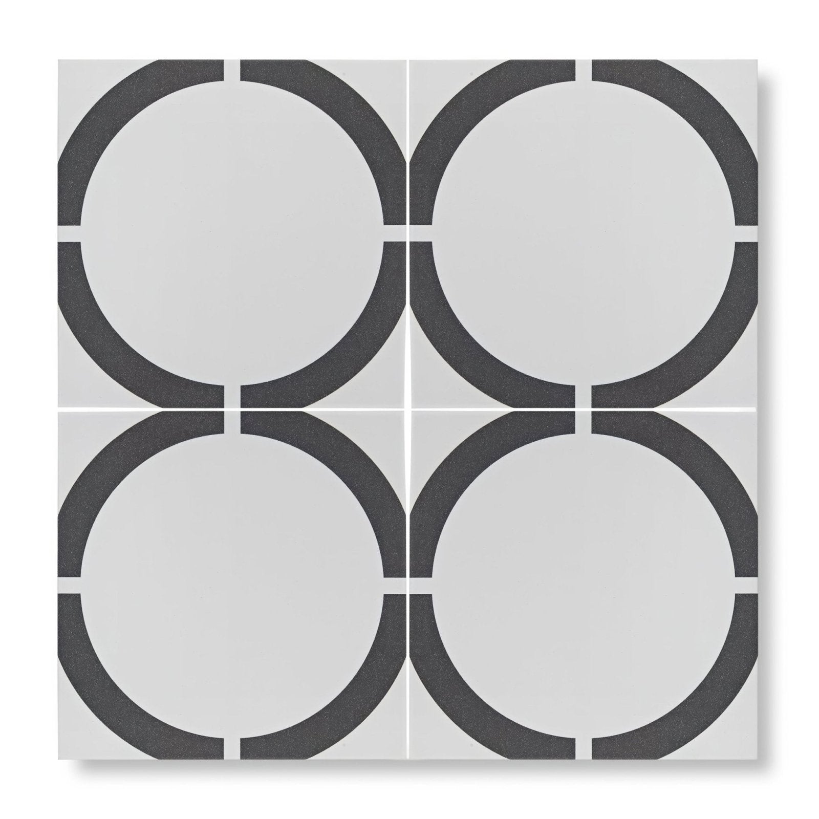 Gray and white geometric patterned tile with interlocking circular designs from neisha crosland tulia hula hoop black collection