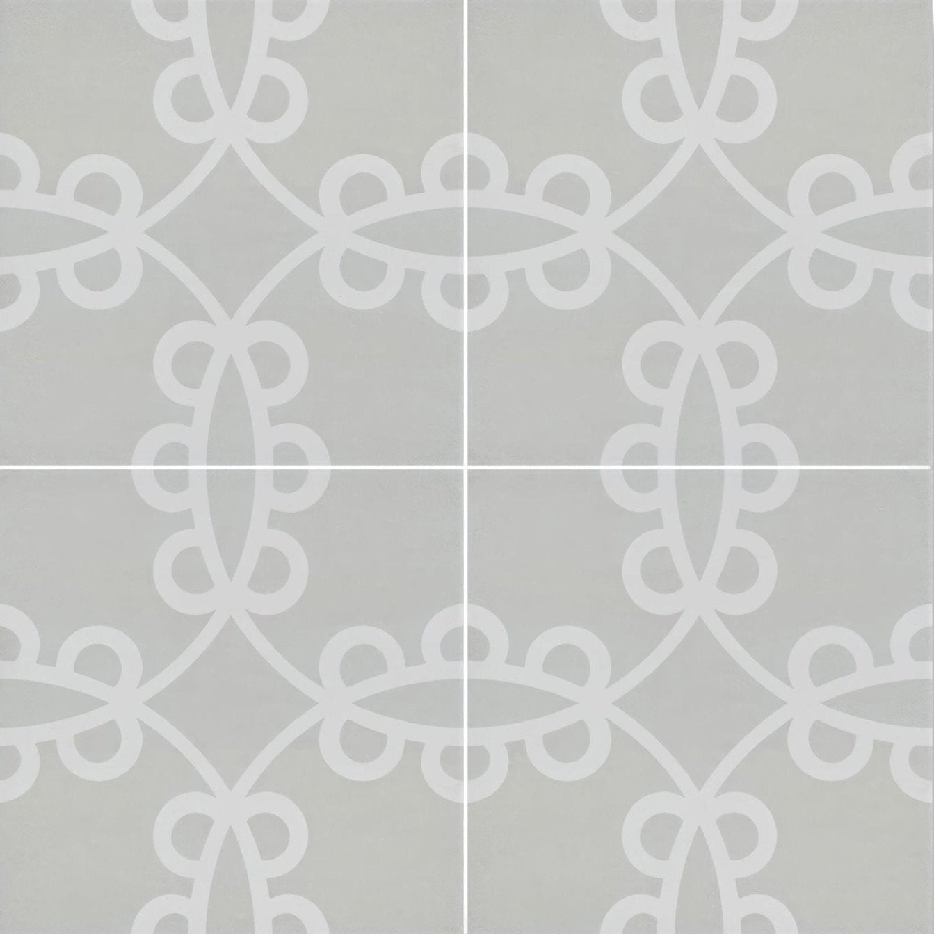 Gray ceramic tile with subtle white repeating geometric pattern from neisha crosland tulia molly pebble collection