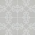 Gray ceramic tile with subtle white repeating geometric pattern from neisha crosland tulia molly pebble collection