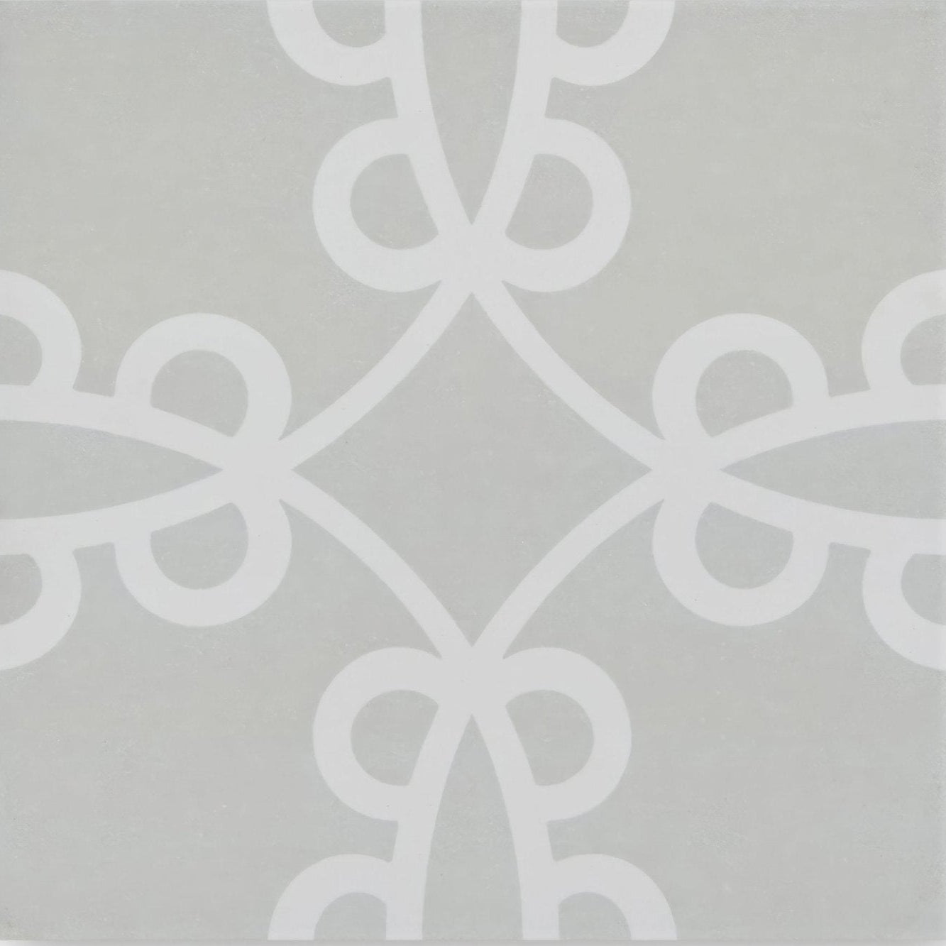 Gray ceramic tile neisha crosland tulia molly pebble with white symmetrical geometric interlocking loops and diamonds pattern