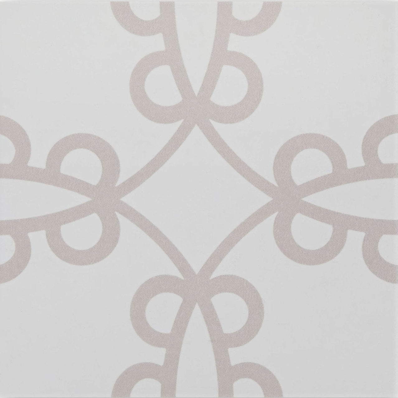 Neisha crosland tulia molly portland ornamental tile with a delicate light gray quatrefoil pattern on white background