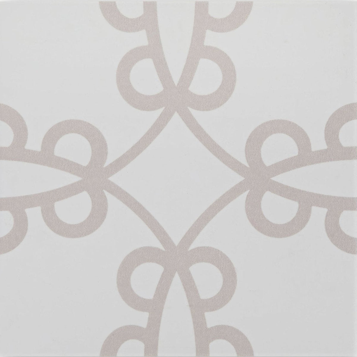 Neisha crosland tulia molly portland ornamental tile with a delicate light gray quatrefoil pattern on white background
