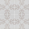 Gray patterned ceramic floor tile with a repeating geometric design from neisha crosland tulia molly portland collection