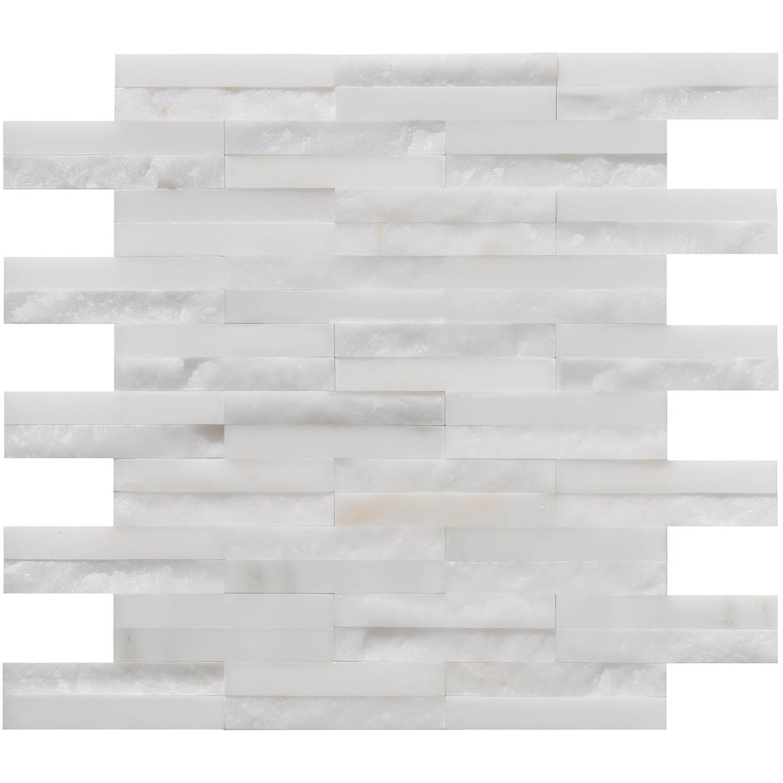 Neve linear stone mosaic white marble tile with subtle gray veining arranged in horizontal strips for wall or floor use