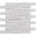 Neve linear stone mosaic white marble tile with subtle gray veining arranged in horizontal strips for wall or floor use
