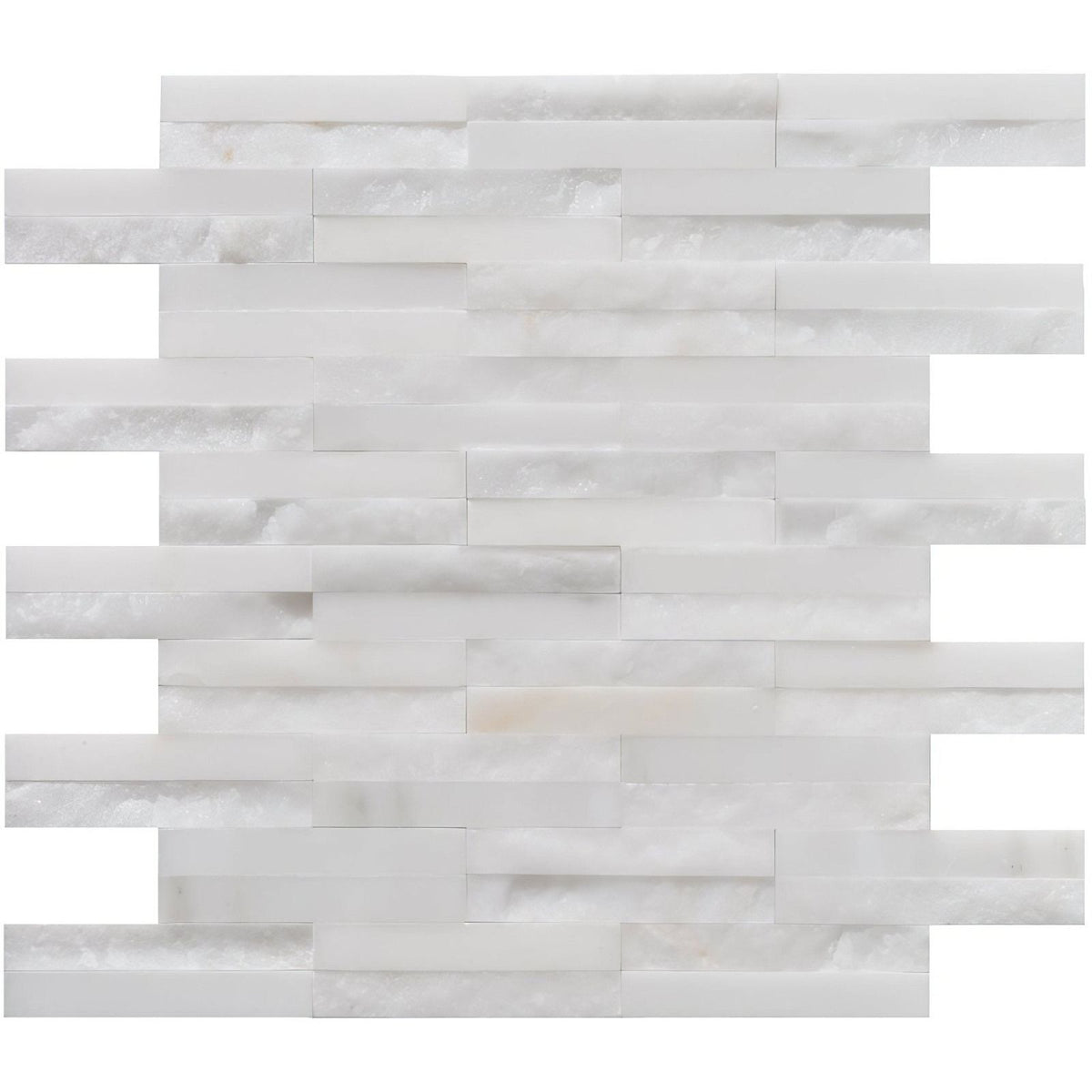 Neve linear stone mosaic white marble tile with subtle gray veining arranged in horizontal strips for wall or floor use